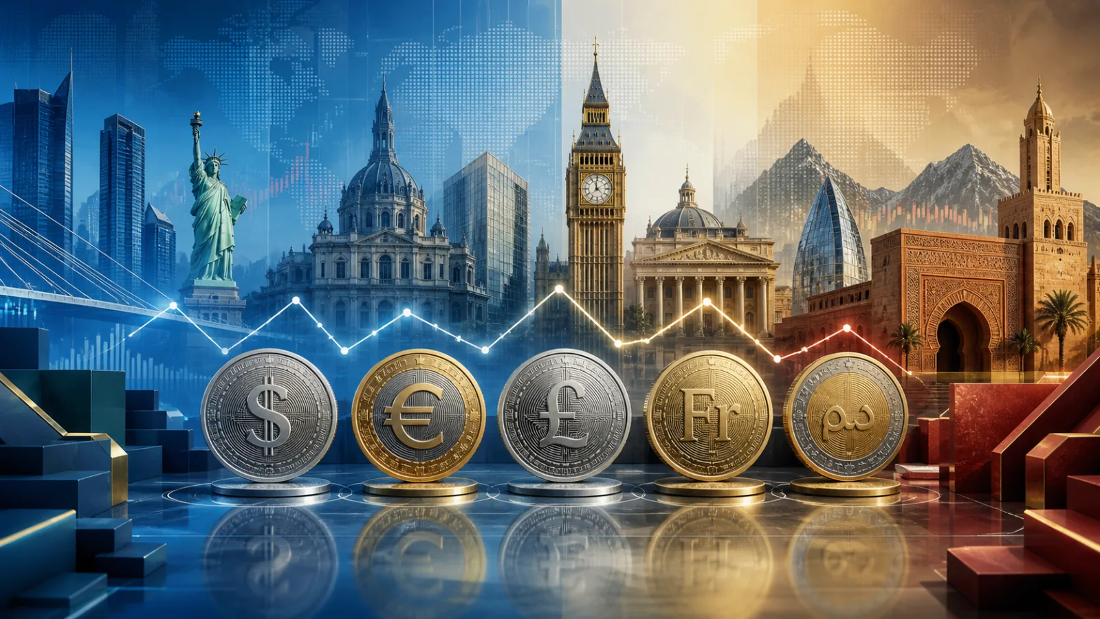 Major world currencies represented across global financial centers
