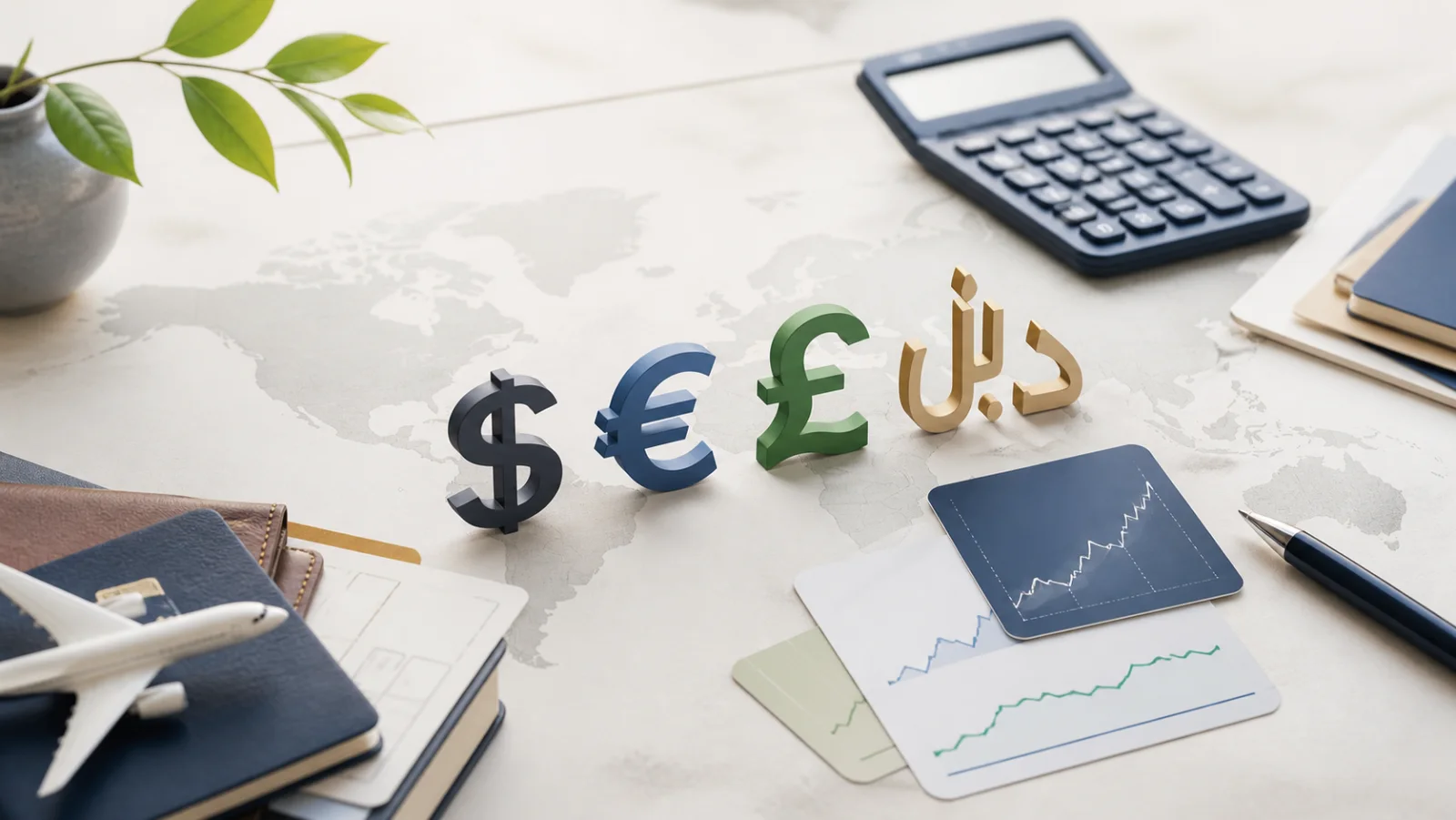 Currency symbols, a calculator, and travel documents arranged on a world map