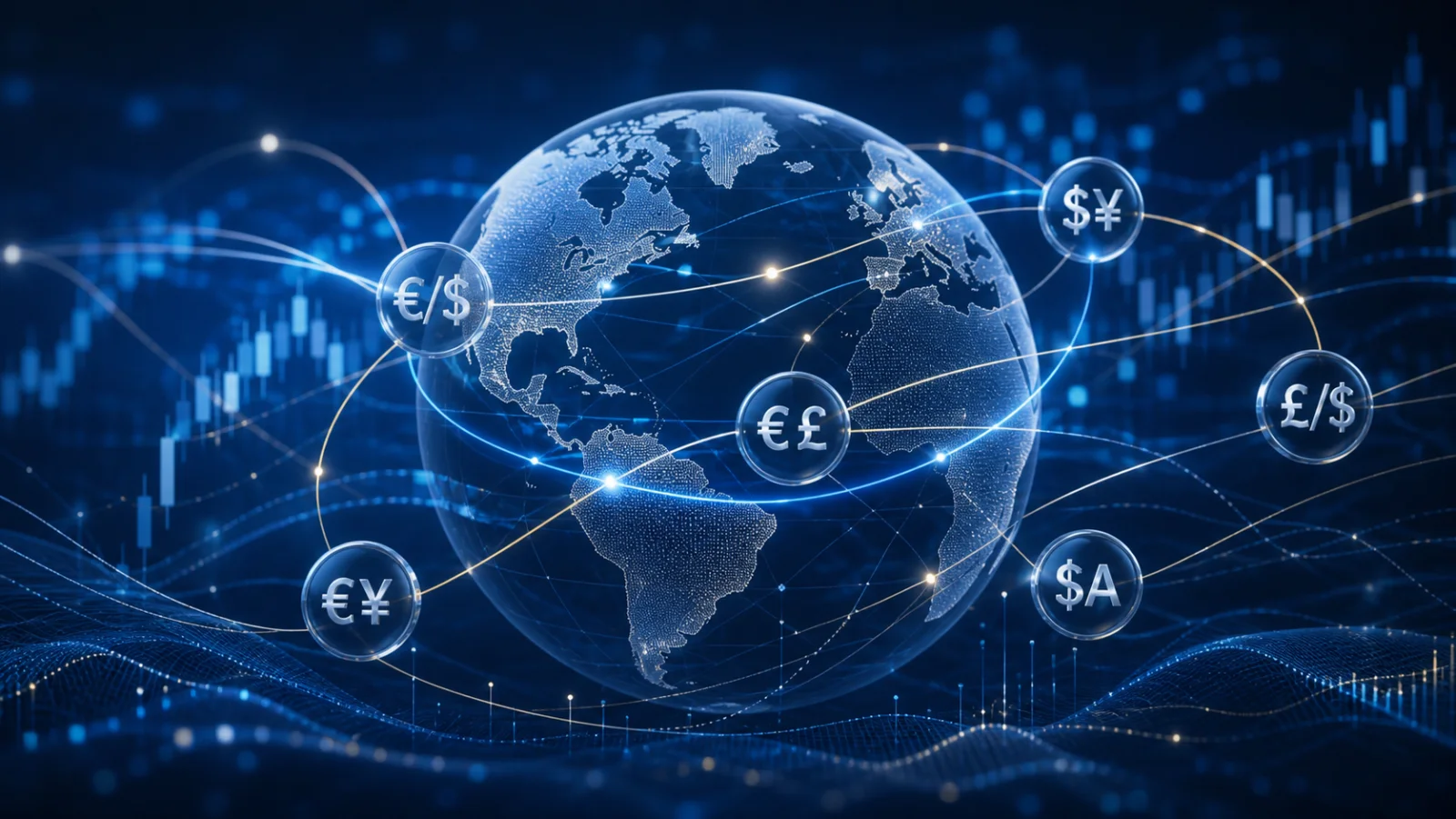 A digital globe connected by exchange-rate and market data lines